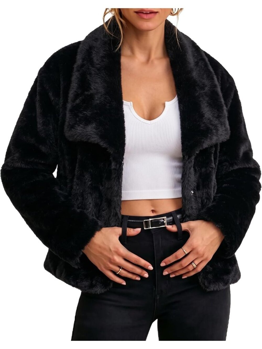 Women's Black Faux Fur Jackets Coats Oversized Winter Outerwear's Side Pockets